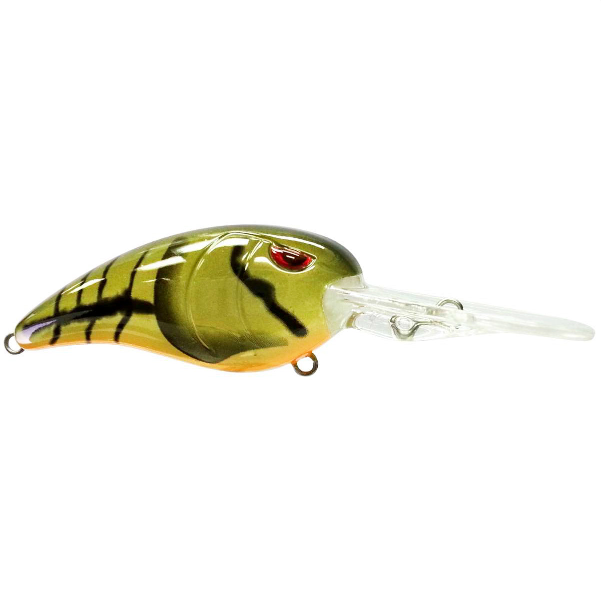 SPRO RkCrawler 55 Crankbait fishing lure in green and yellow with black stripes, featuring a clear extended lip for deep diving and a red eye design.