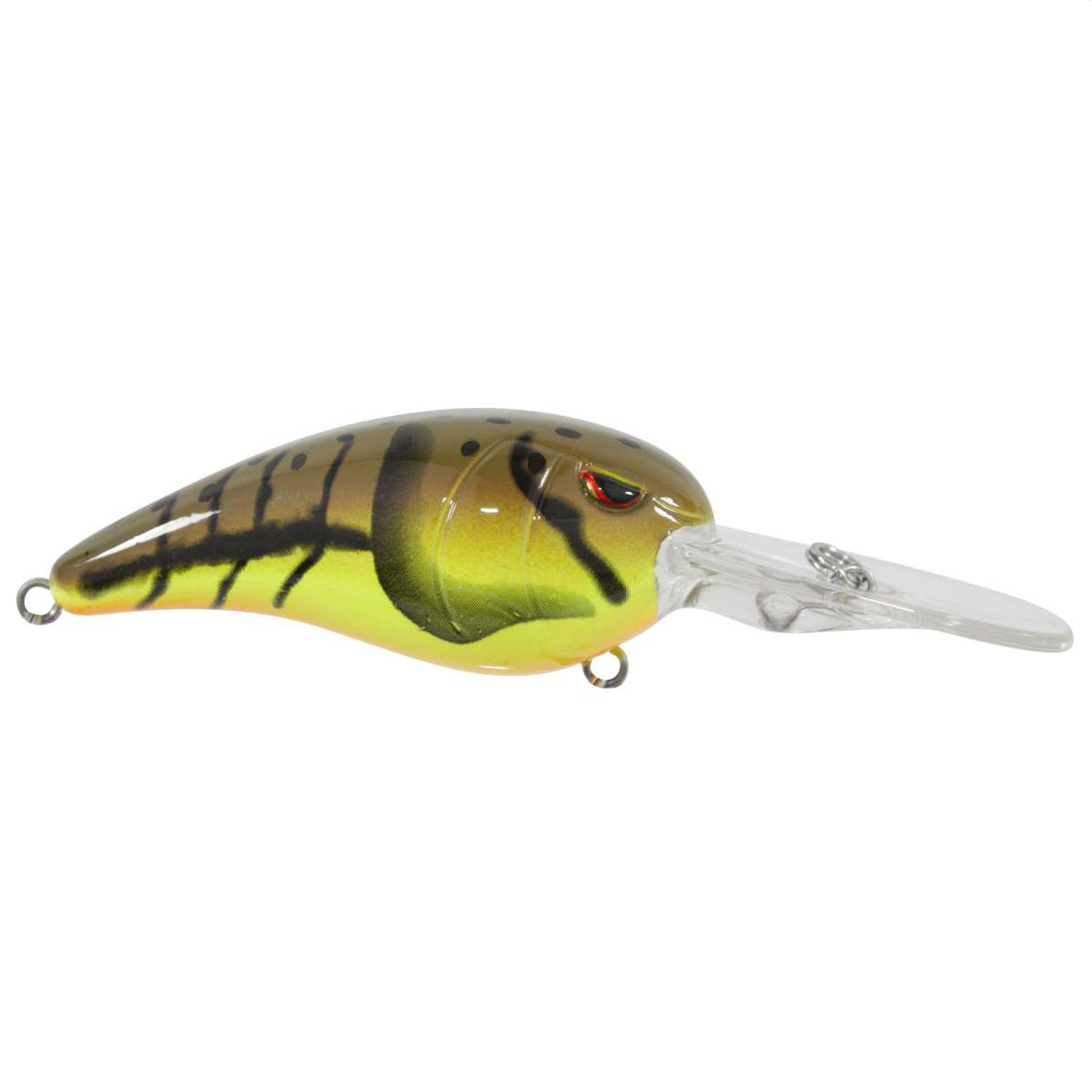 SPRO RkCrawler 55 Crankbait fishing lure with a detailed yellow and brown pattern, red eyes, and a clear diving lip designed for effective fishing tackle.
