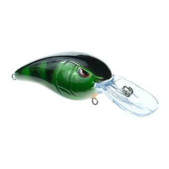 SPRO RkCrawler 55 MD Crankbait fishing lure with a green and black fish-like body, featuring a clear plastic lip designed for realistic movement in water.