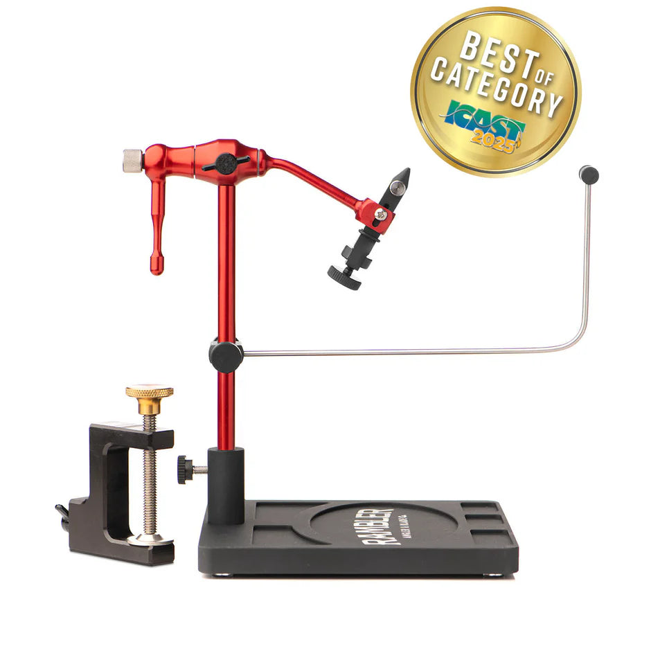 Rambler Nomad Vise in red with black base and clamp, designed for precise fishing tackle work, featuring an adjustable arm and secure mounting system, awarded Best of Category.