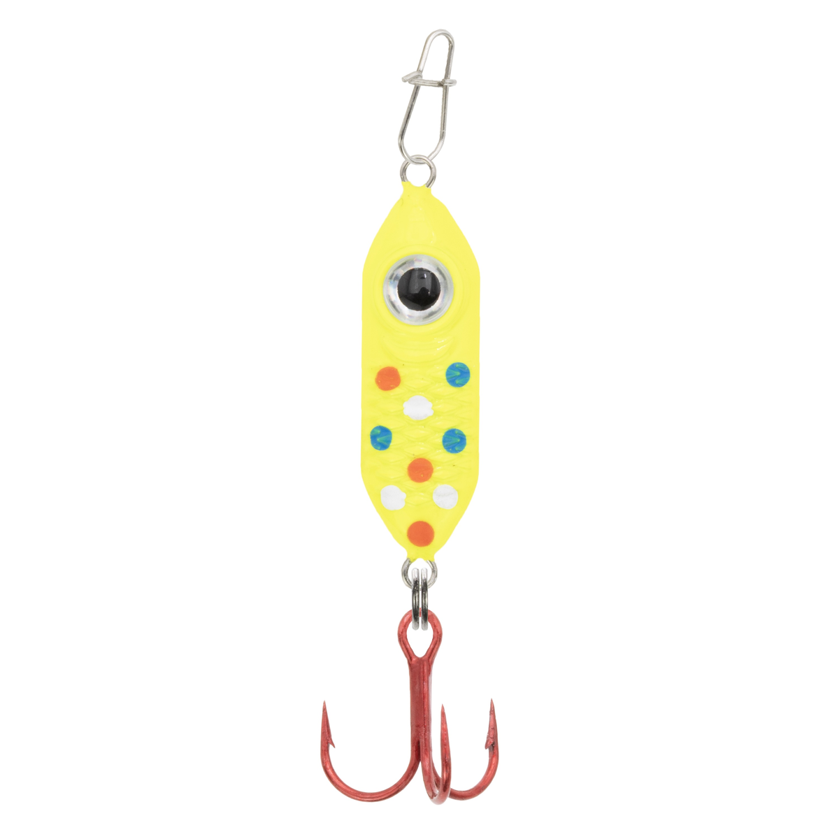 Clam Rattlin' Drop Spoon fishing lure in bright chartreuse with colorful dots and a single large eye, featuring a red treble hook and metal swivel for fishing tackle use.