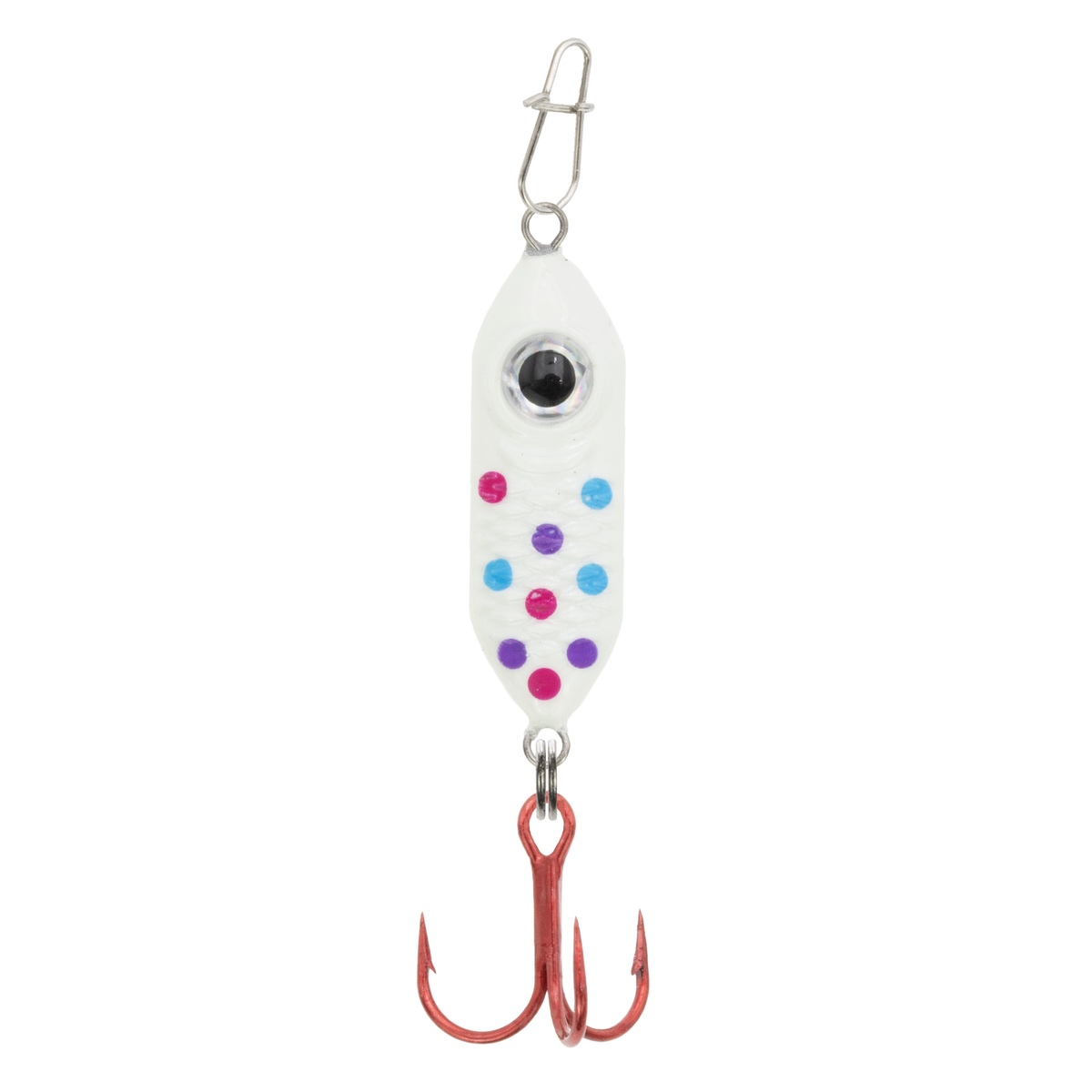 Clam Rattlin' Drop Spoon fishing lure with a white body, colorful pink, purple, and blue dots, a single large eye detail, and a red treble hook attached.