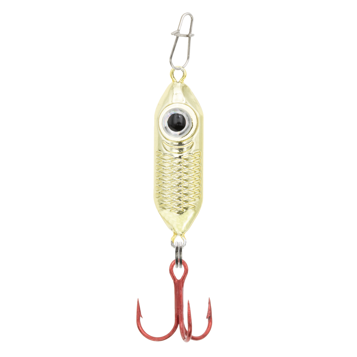 Clam Rattlin' Drop Spoon fishing lure with a gold metallic finish, realistic eye detail, textured body, and a red treble hook for effective fishing tackle use.