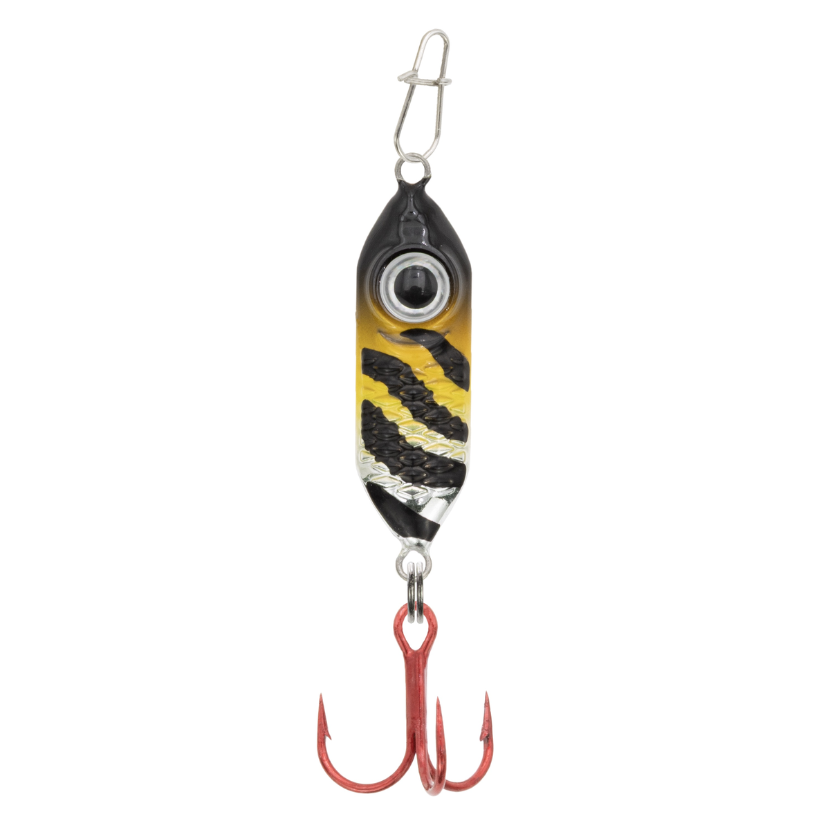 Clam Rattlin' Drop Spoon fishing lure in gold and black tiger pattern featuring a rattling body and red treble hook designed for attracting musky and other large fish.