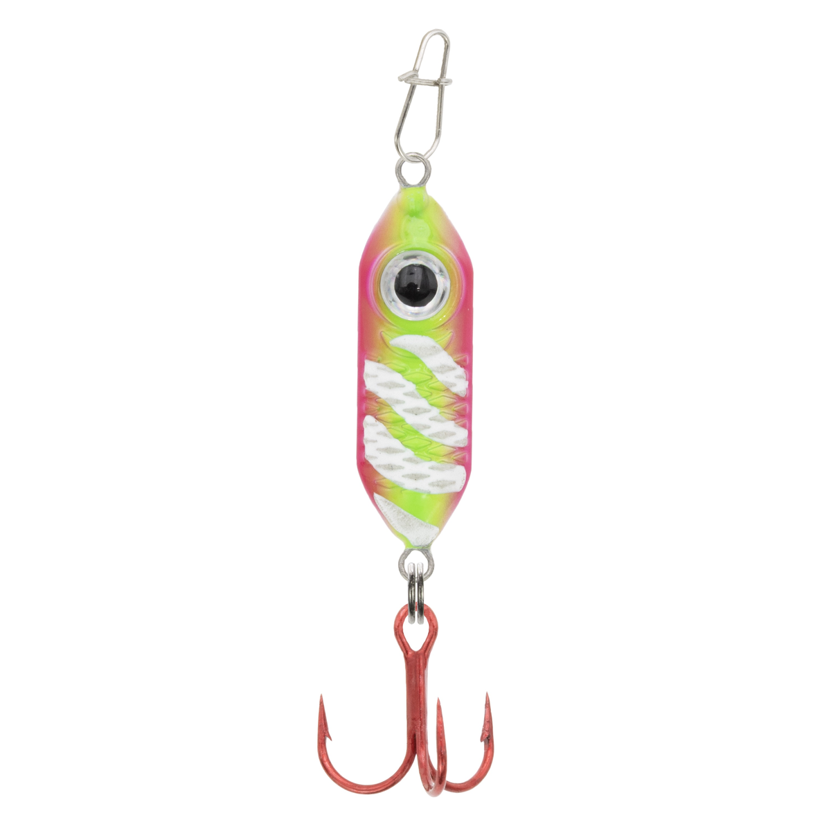 Clam Rattlin' Drop Spoon fishing lure in bright melon tiger colors with a rattling metal body, large eye detail, and a red treble hook for effective fishing tackle use.