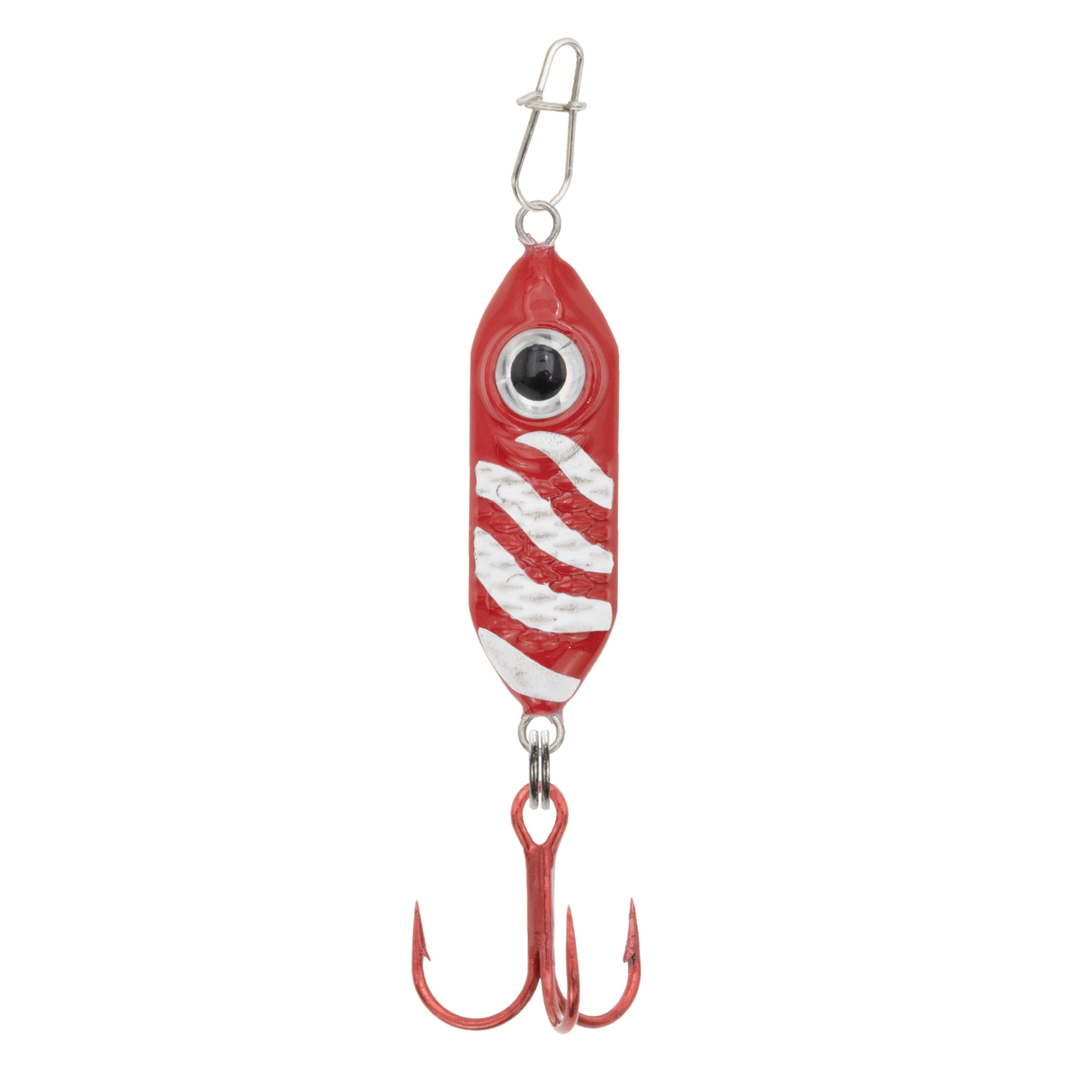 Clam Rattlin' Drop Spoon fishing lure in red with white stripes, featuring a rattling body, realistic eye detail, and a sharp treble hook for effective fishing tackle use.