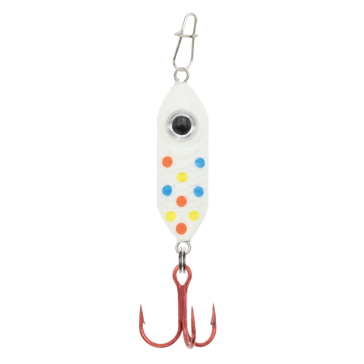 Clam Rattlin' Drop Spoon fishing lure with a white body featuring colorful dots, a large eye detail, and a red treble hook, designed for effective fishing tackle use.