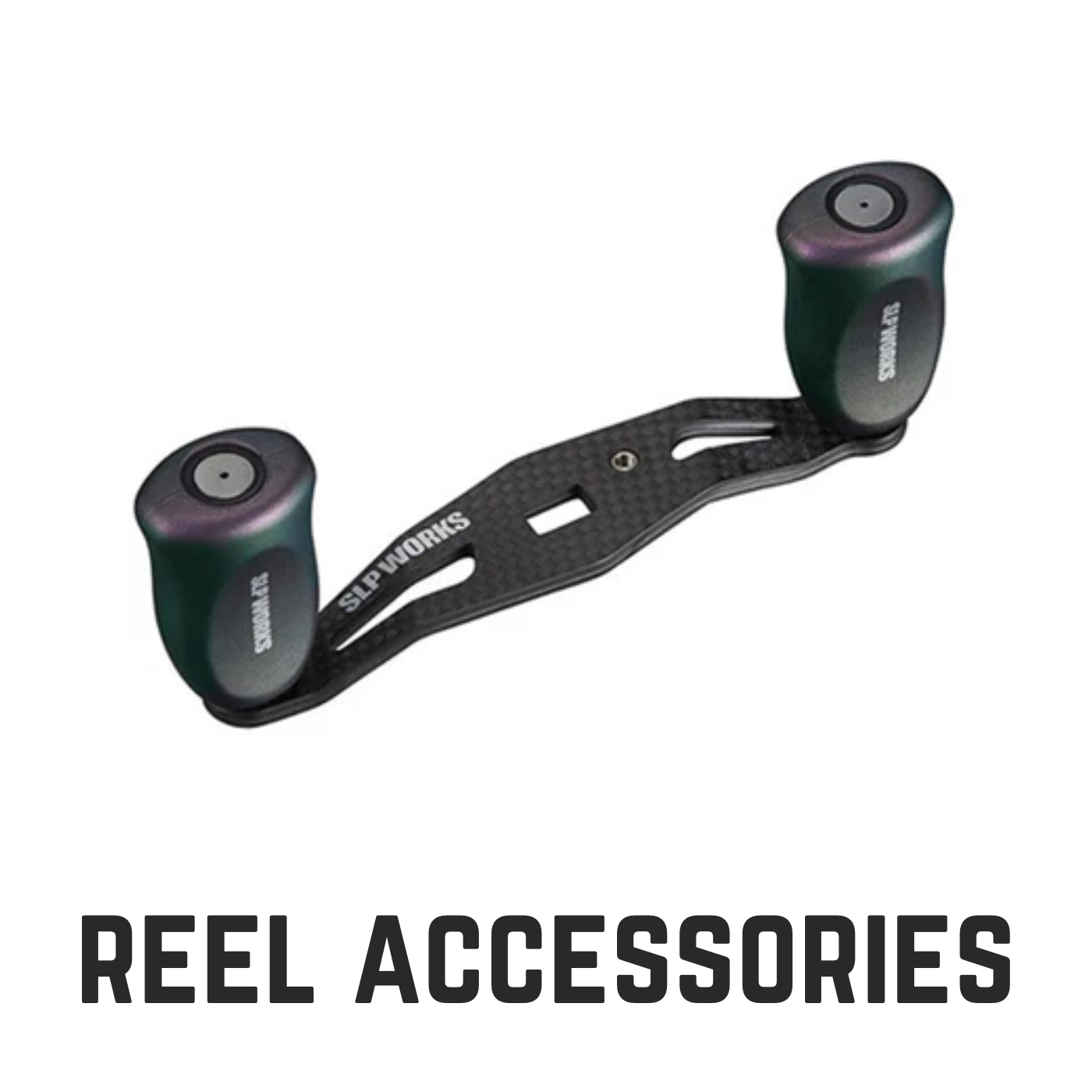 carbon casting reel handle with text overlay reel accessories