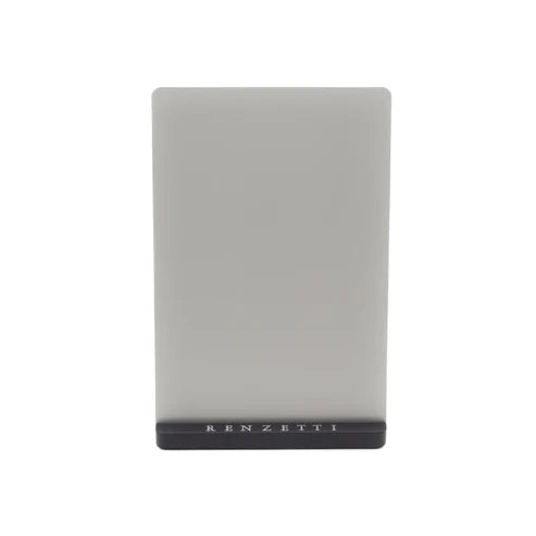 Renzetti Visual Enhancement Plate With Base featuring a clear rectangular plate mounted on a black base with the Renzetti logo, designed for fly tying and fishing tackle organization.