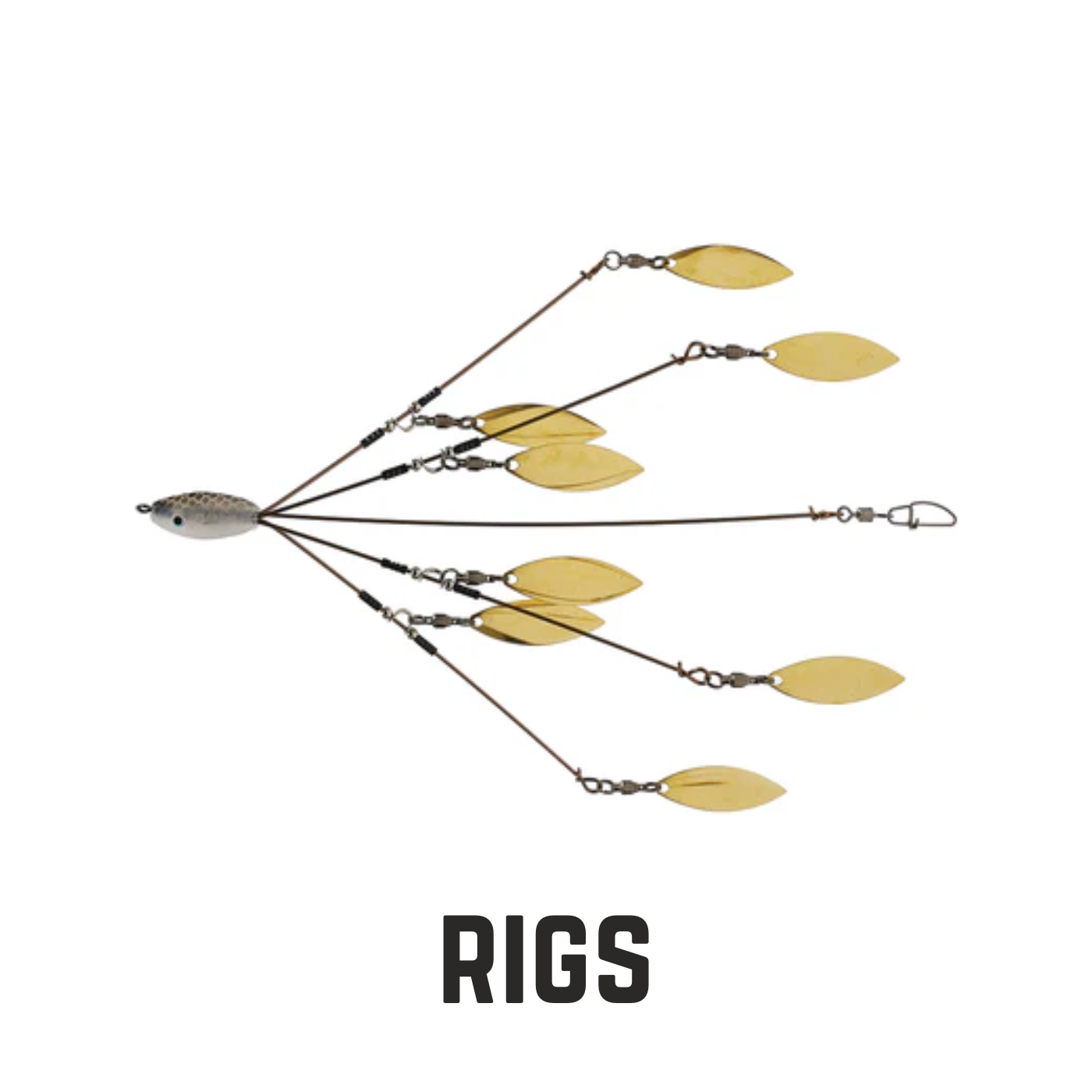 Alabama rig with 8 gold blades with text overly rigs