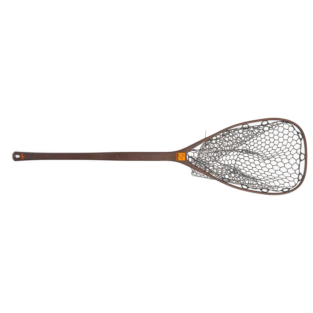 Fishpond Yampa Guide Net 2.0 with a long wooden handle and a deep, rubberized mesh net designed for catch and release fishing.