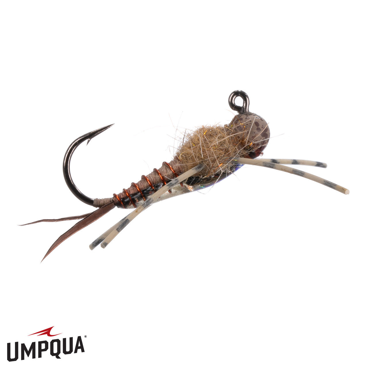 Close-up image of the Rock Steady Stone fishing lure featuring a natural tan body with wrapped fibers and striped flexible legs, designed for effective fishing tackle use.