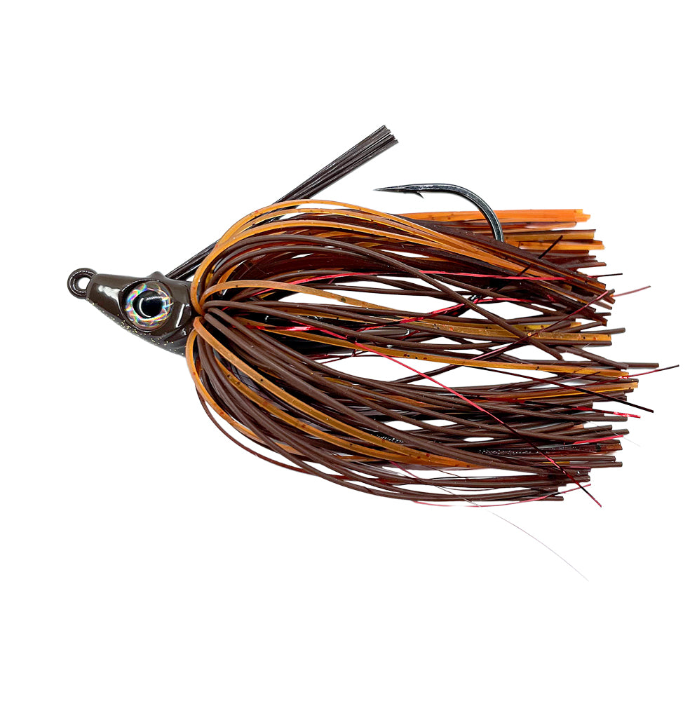 Fishing lure with brown and orange colors on a white background