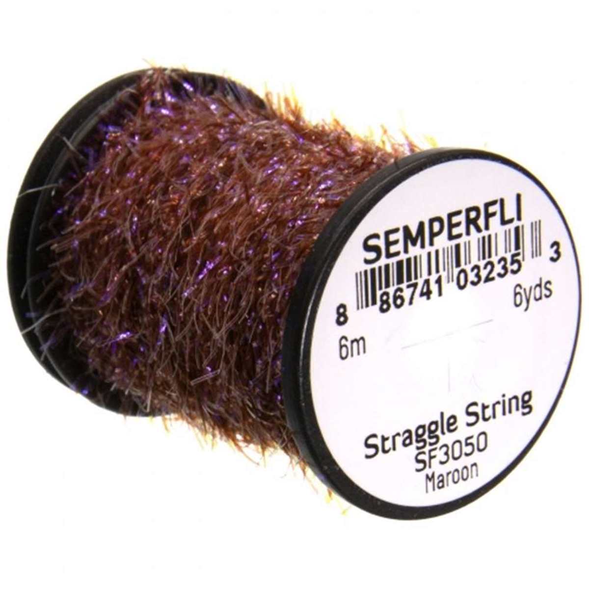 Semperfli Straggle String in maroon color, tightly wound on a small black spool, used for fly fishing and custom lure tying in fishing tackle.