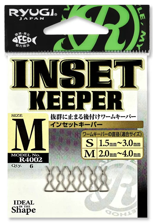 Packaging of Ryugi Inset Keeper showing six small metal worm keeper clips in medium size with detailed size specifications on front label for fishing tackle use.