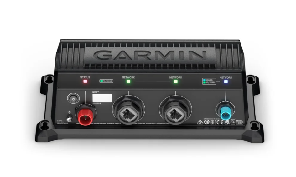 Garmin BlueNet™ 30 Gateway 010-02613-00 marine electronics device with multiple network ports and status indicators in a compact black housing designed for fishing tackle systems.