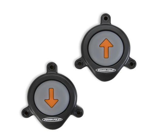 Two round black wireless foot switches with an orange up arrow on one and a down arrow on the other, featuring the Power pole Wireless Foot Switch Kit - CM2 SKU:CM2-FS-STD-PP logo.