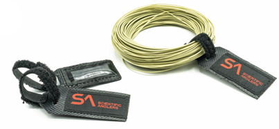 Scientific Anglers Regulator Fly Line ID Tags with two black identification labels and a coiled olive fly line for organized fishing gear storage