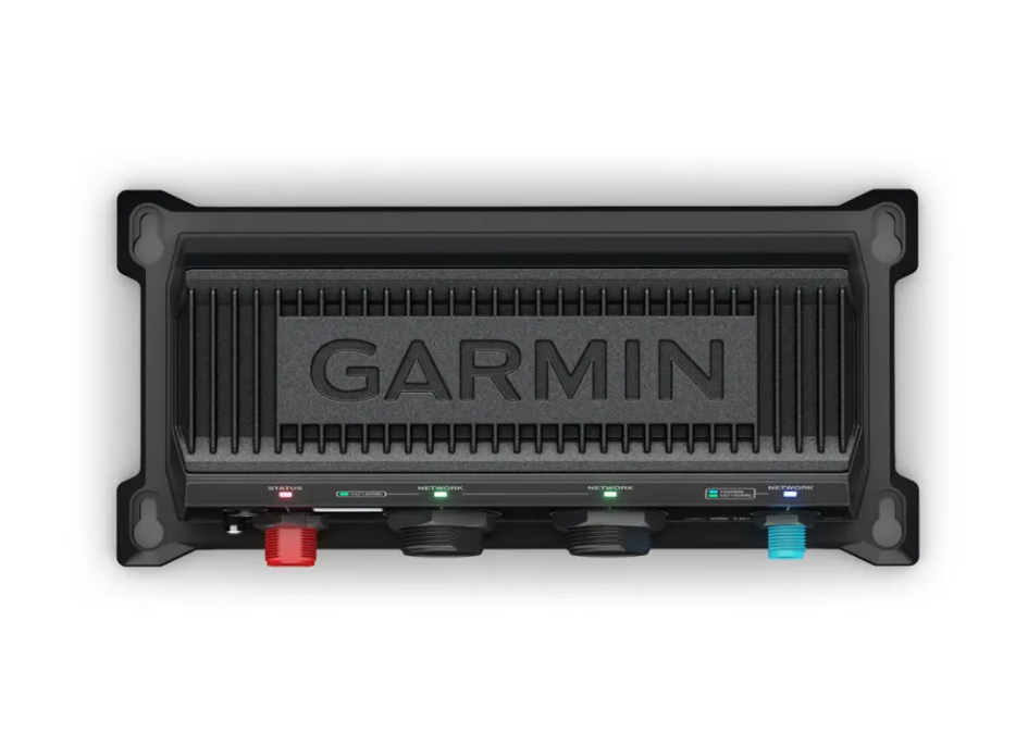 Garmin BlueNet™ 30 Gateway 010-02613-00 marine electronics device with black rectangular body, multiple LED indicators, and color-coded connection ports for fishing tackle integration.