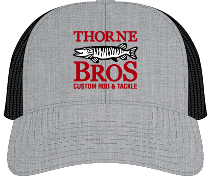 Thorne Bros. Logo Richardson 112 Embroidered cap in gray with black mesh back, featuring red embroidered Thorne Bros. text and a detailed fish graphic, designed for fishing enthusiasts.