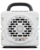 Turtlebox Cub white portable outdoor speaker with black handle and front grille for fishing trips and adventures