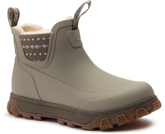 Grundens Women's Deviation Sherpa Ankle Boot in olive green with patterned sherpa lining pull tabs and rugged brown tread sole