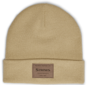 Simms Everyday Watchcap in tan knit fabric with a folded cuff and stitched Simms label shown against a white background