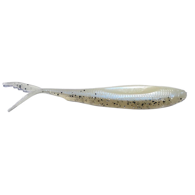 Beige and pearl-colored soft fishing lure with black speckles and a forked tail, designed for use as the Beast Coast Seduce FFS Minnow in fishing tackle.