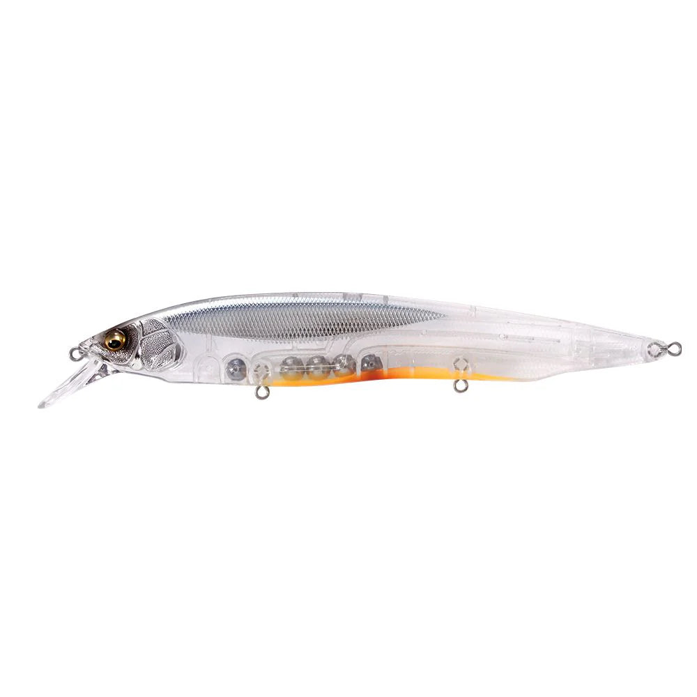 Megabass Kanata +1 transparent fishing lure with detailed eyes and internal weights designed for lifelike movement in freshwater fishing tackle.