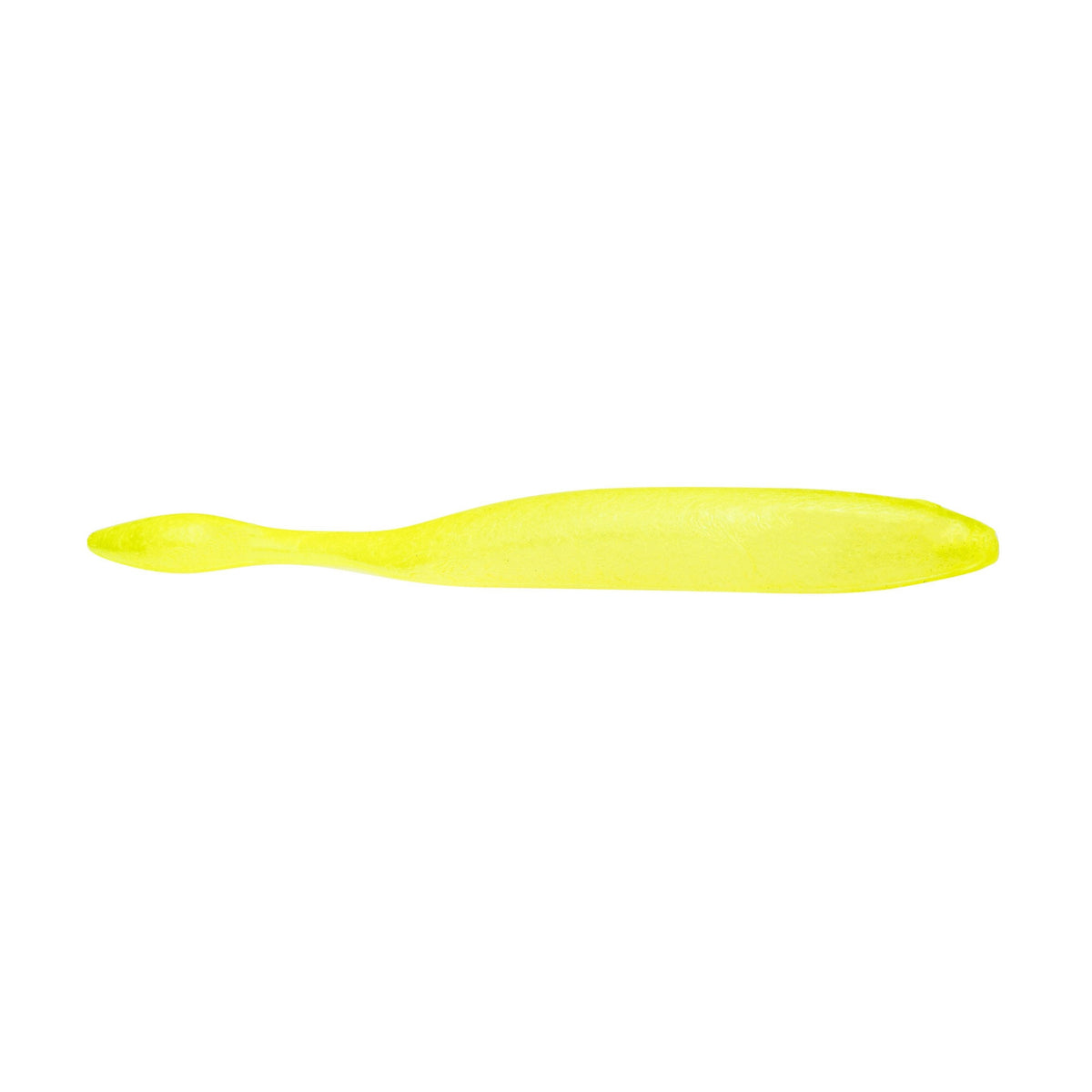 Yellow soft plastic fishing lure with a slender body and paddle tail designed for lifelike movement in water, labeled Strike King KVD Perfect Plastics Dream Shot.