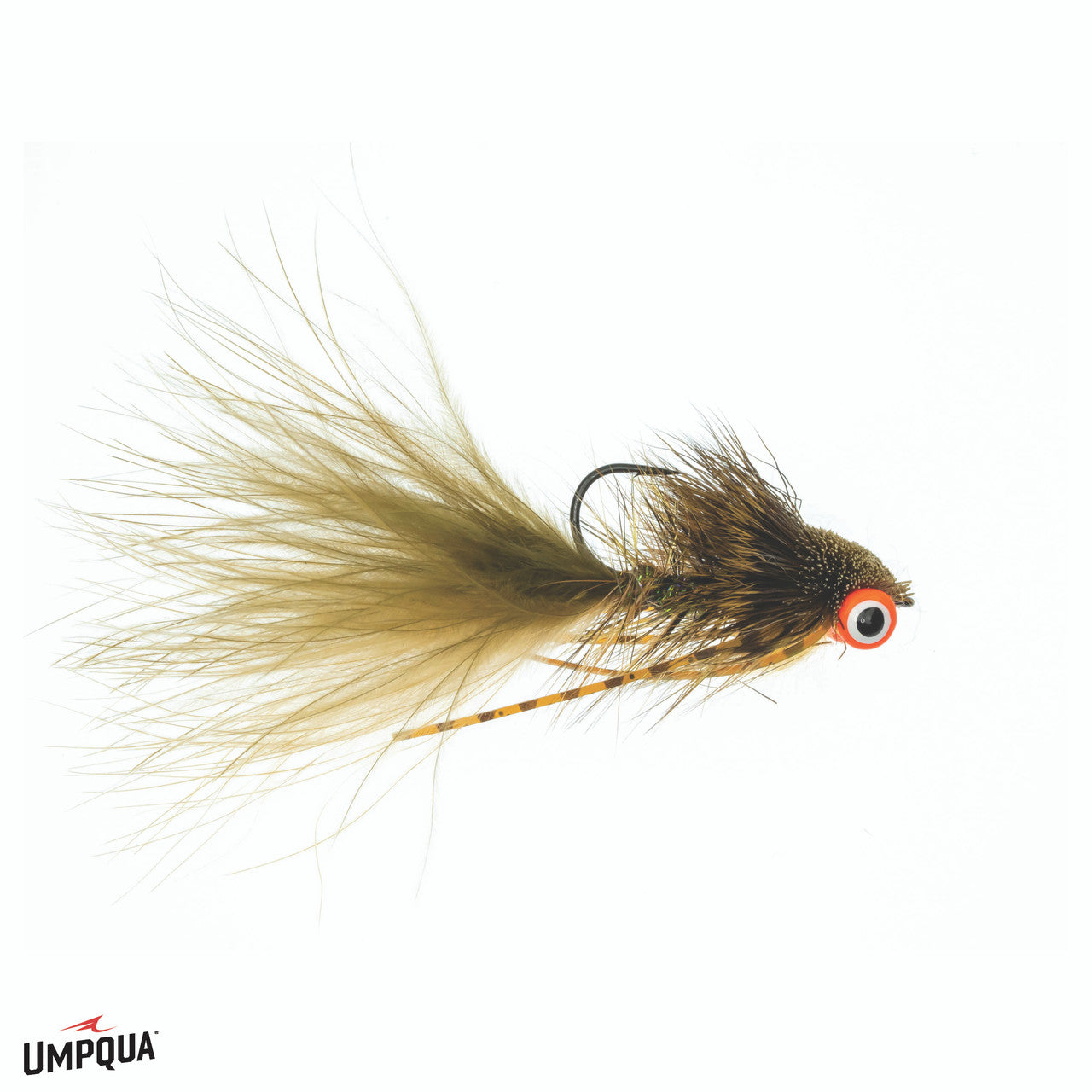 Slider Bugger #2 fishing lure with olive and ginger feathers, realistic design featuring a hook and a red and white eye for effective musky fishing tackle.