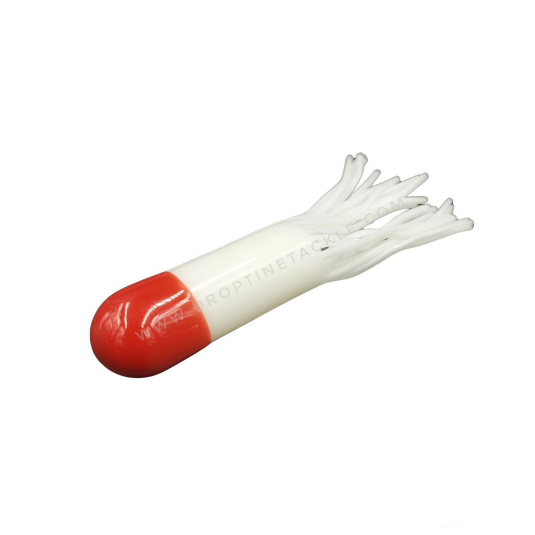 Drop Tine 4" Trout Tube - Fatty fishing lure with a red rounded head and white flexible tube body featuring multiple thin, wavy tentacles designed to mimic prey movement.