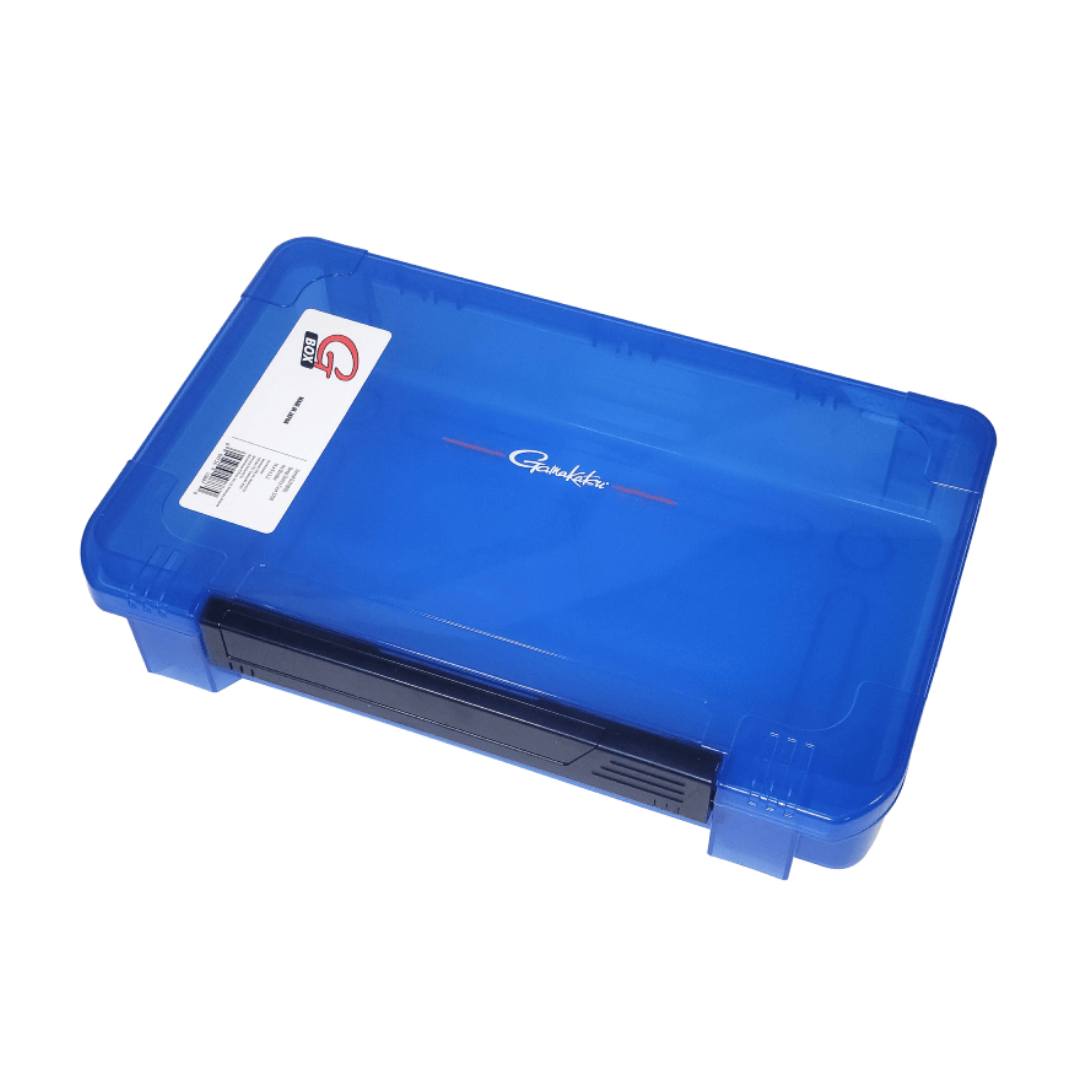Blue plastic fishing tackle storage box with a black handle, labeled Gamakatsu G Boxes, designed for organizing fishing lures and gear.