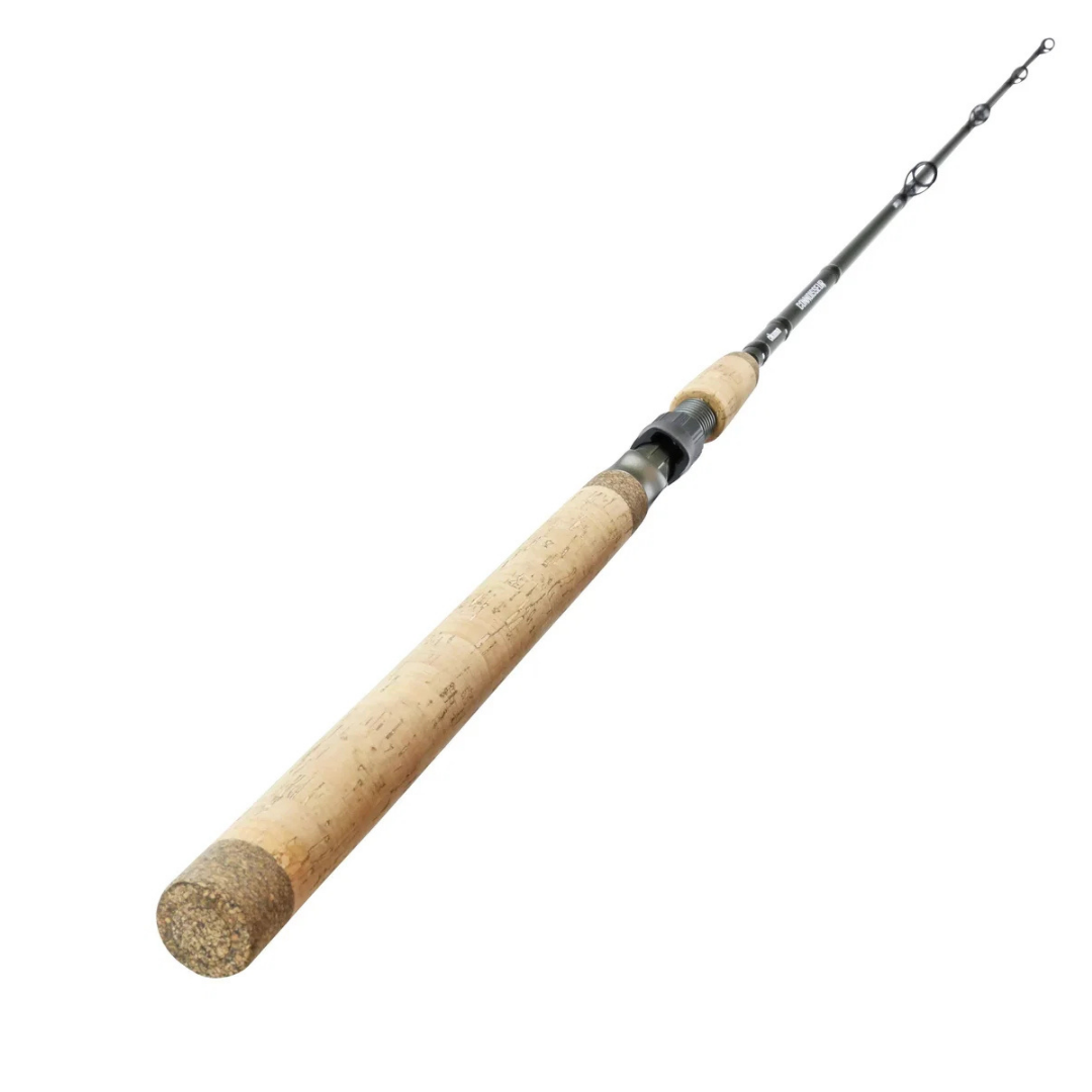 Okuma Connoisseur "B" Spinning Rod with a cork handle and black reel seat, designed for fishing tackle and reels, shown on a white background.