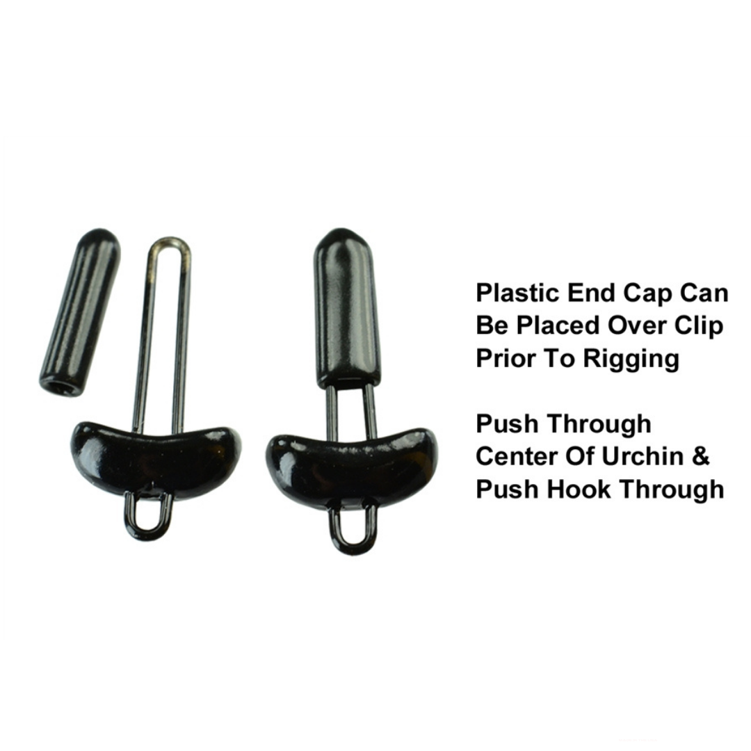 Picasso Urchinator™ Hanger Weight shown in black with a plastic end cap, designed for musky fishing tackle, displaying clip and rigging instructions for effective use.