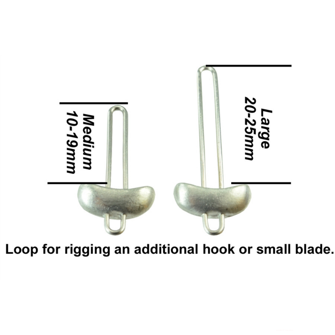 Picasso Urchinator™ Hanger Weight in medium and large sizes, silver metal fishing tackle pieces with loops for rigging additional hooks or small blades.