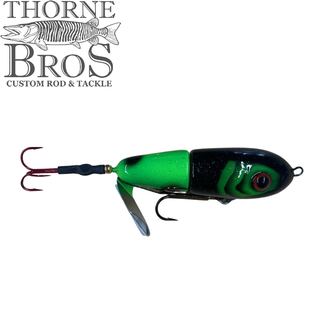 Fishing lure in green and black with red hooks and a metal blade, designed for musky fishing, featuring the Lake-X Dr. Evil (Epoxy Finish) detailed body.