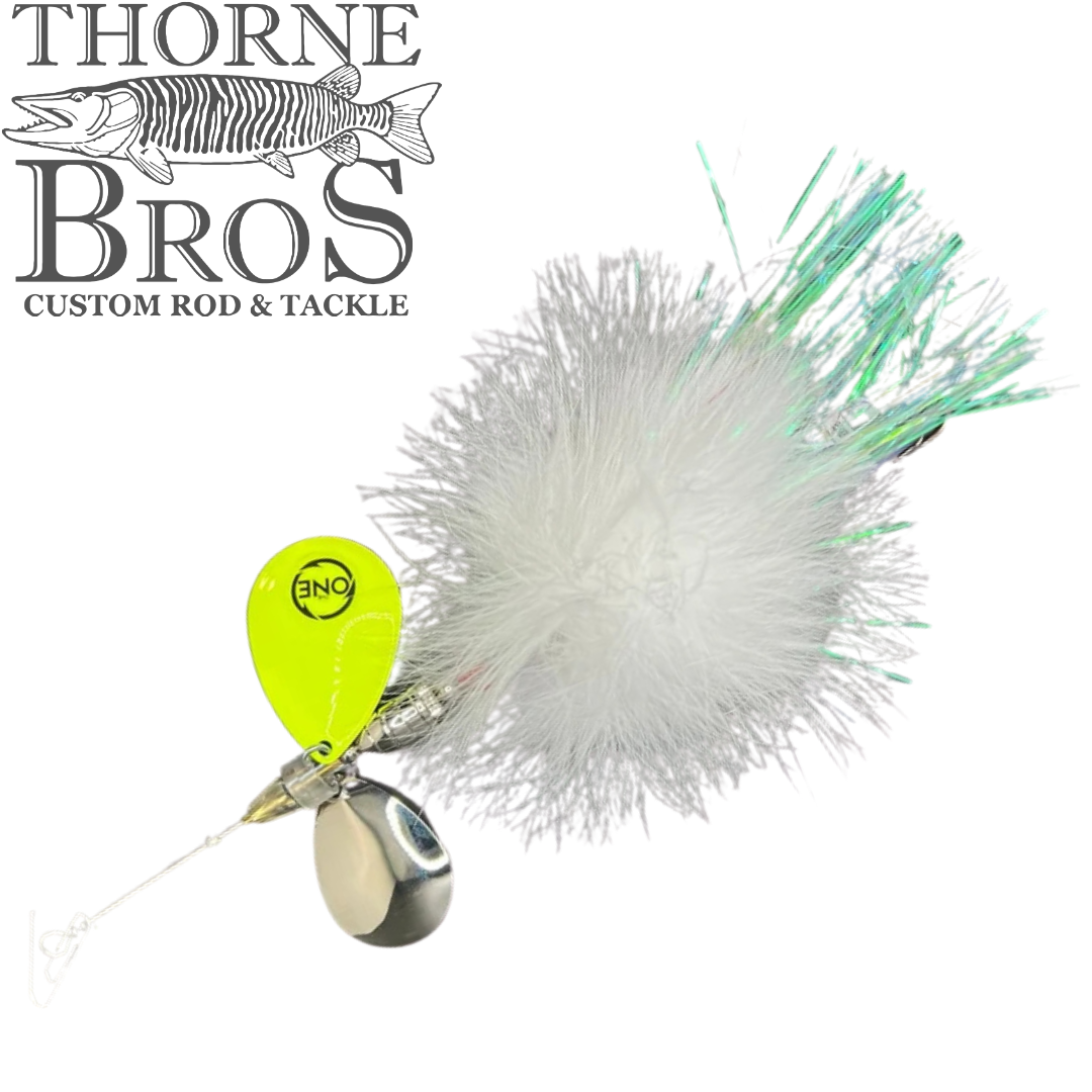 Angling Revolution "The Little One" musky fishing lure with chartreuse blade silver spinner and white gray feather skirt for fishing tackle