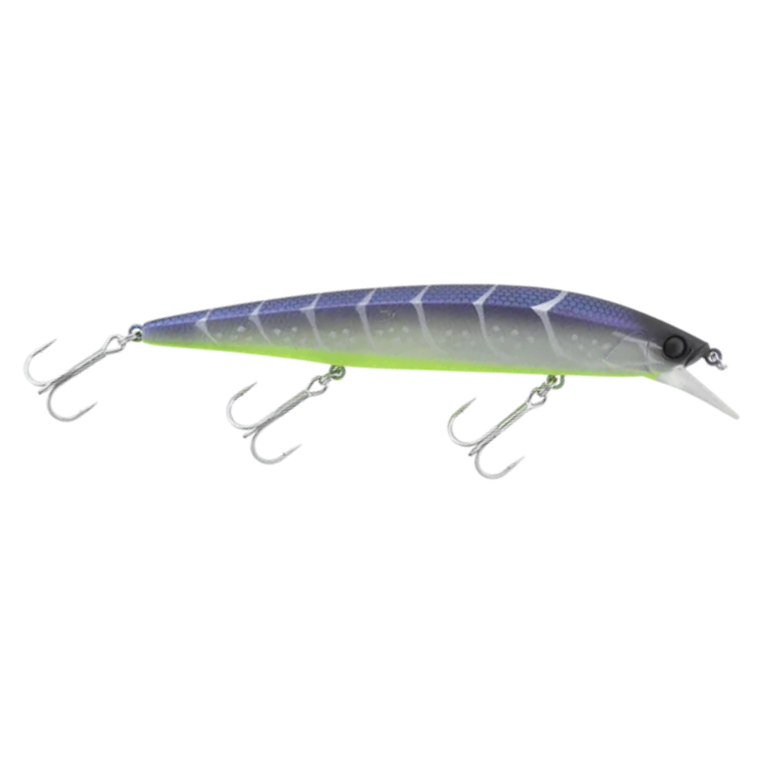 Jackall Rerange 110 fishing lure with purple scaled finish green belly three treble hooks and clear diving bill for freshwater fishing
