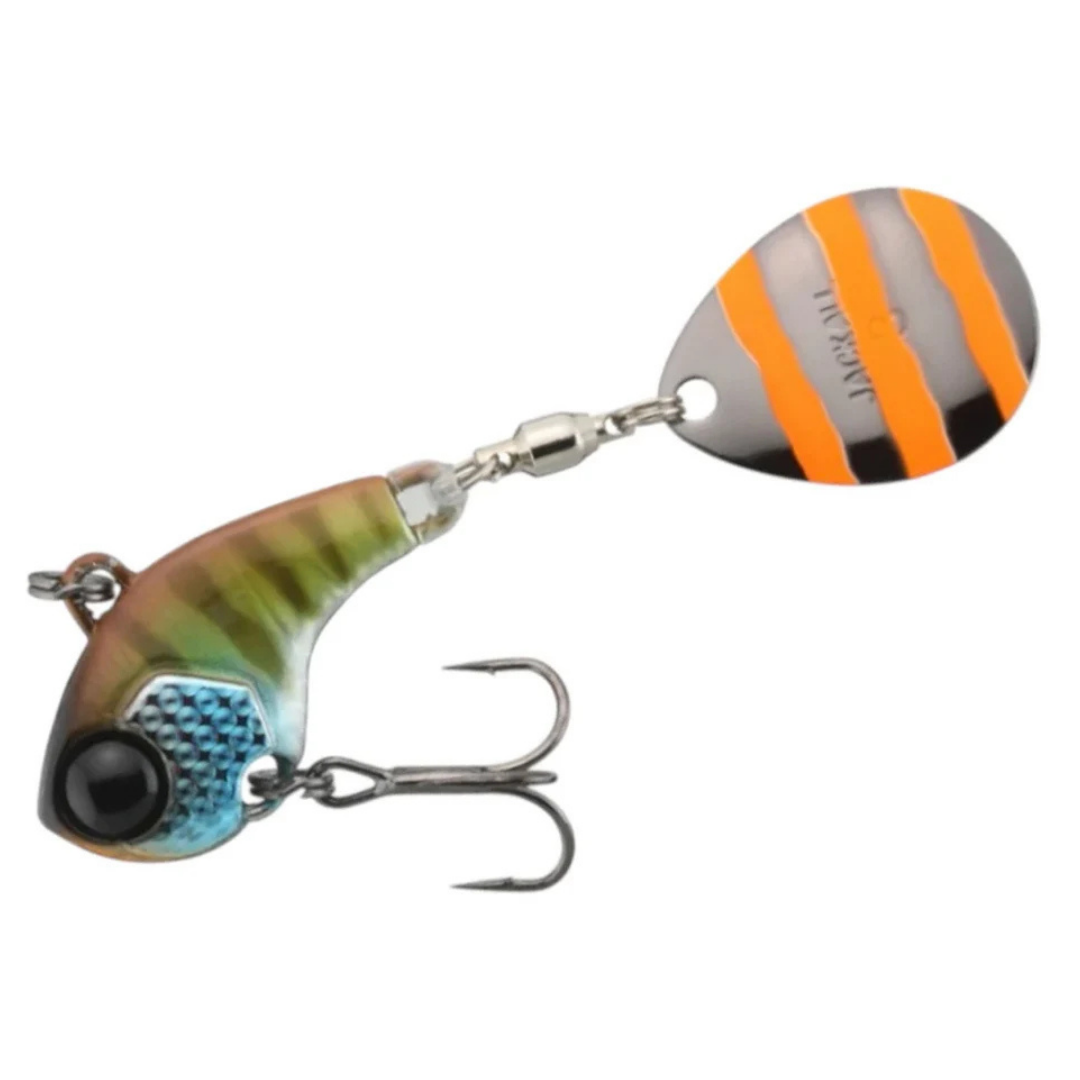 Jackall Deracoup fishing lure with a metallic blade orange stripes treble hook and colorful weighted body for freshwater fishing tackle