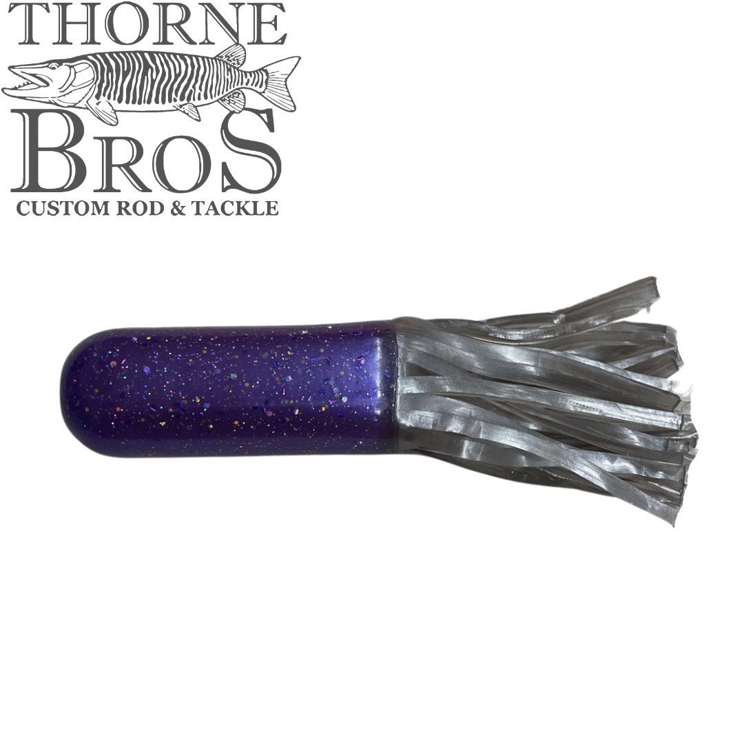 Red October Replacement Tubes - 7.5" (Tube Rig Sold Separately) purple glitter fishing lure with silver skirt from Thorne Bros custom rod and tackle