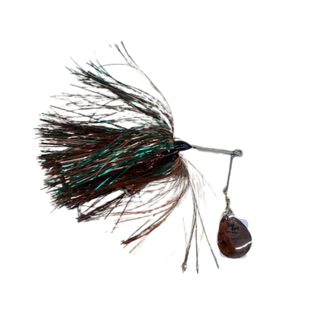 Ruff Tackle Rad Dog Lil' Dog Spinnerbait featuring a wire arm with a bronze-colored spinning blade and a skirt of black, brown, and green strands for fishing tackle.