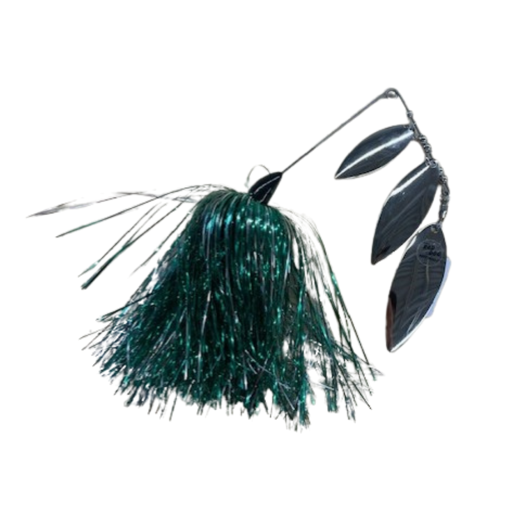 Ruff Tackle Rad Dog Triple Dog Spinnerbait featuring dark green shimmering skirt and three silver spinner blades designed for effective fishing tackle use.