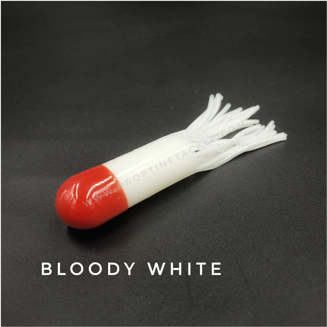 Drop Tine 4" Trout Tube - Fatty fishing lure in bloody white color with soft, flexible skirt and rounded red head designed for effective fishing tackle use.
