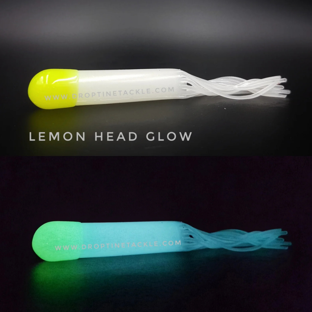 Drop Tine 4" Trout Tube - Standard fishing lure shown in lemon head glow color, designed with a cylindrical body and multiple flexible tentacle-like tails for effective trout fishing.
