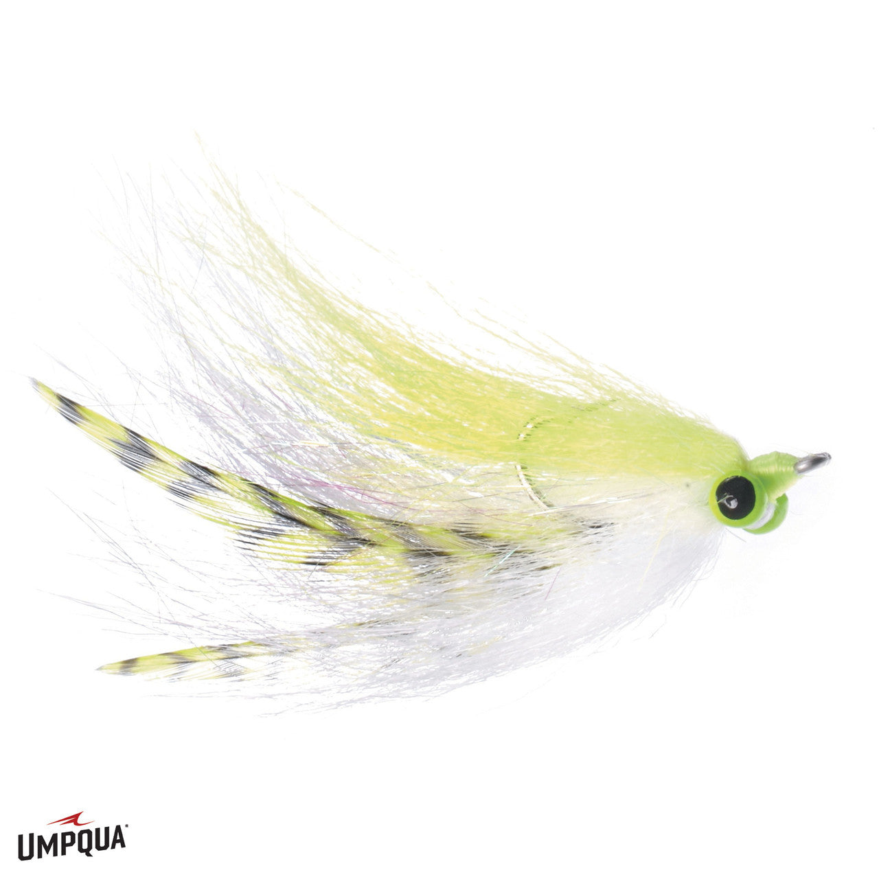 Stay Hungry #2 fly fishing lure features a lime green and white streamer pattern with striped feather accents and a realistic eye, designed for effective musky fishing.