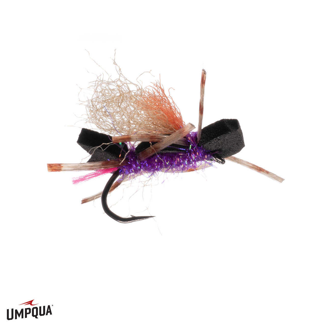 Stubby Chubby fishing lure featuring a purple, pink, and tan body with synthetic wings and legs, designed for fly fishing and musky tackle.