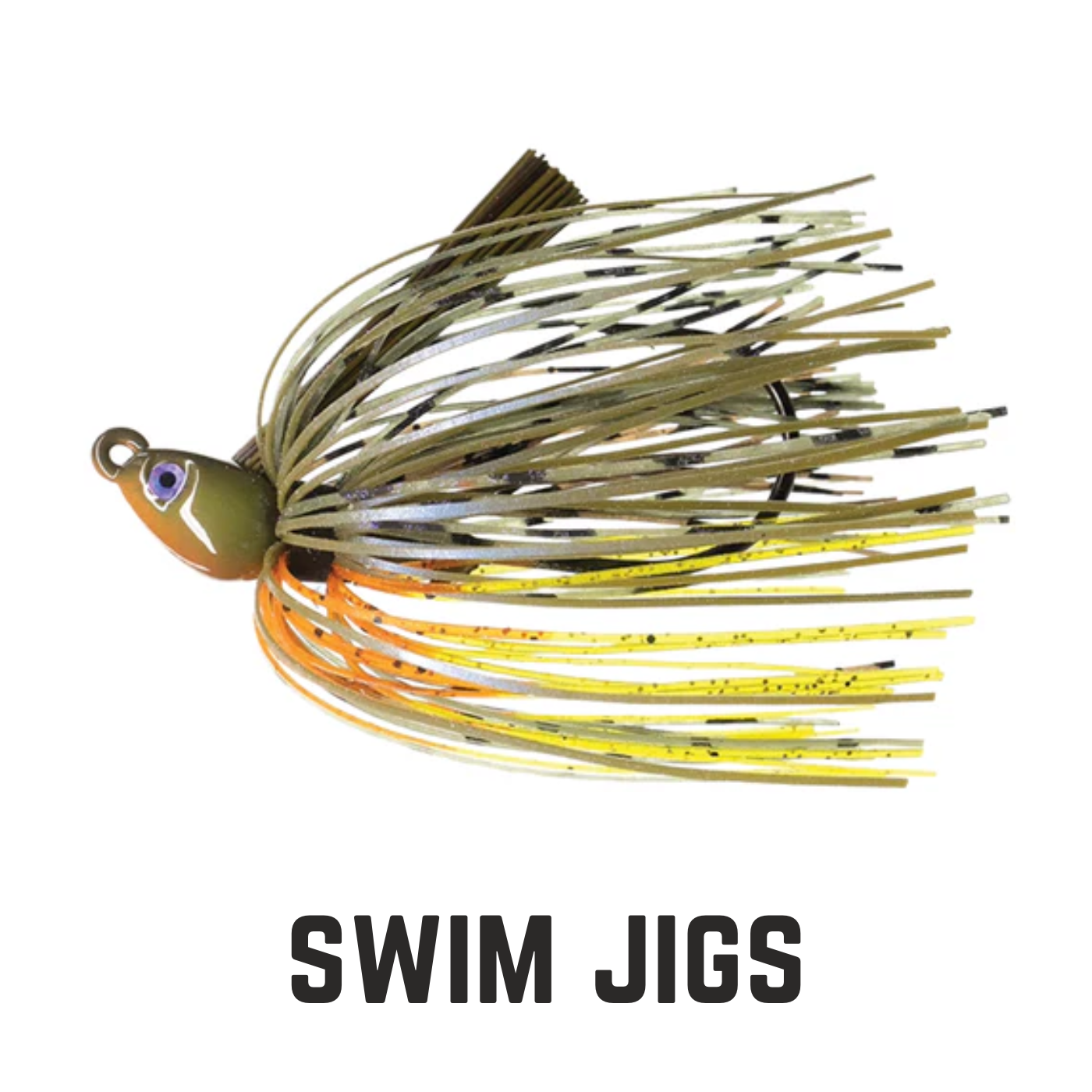 green orange jig head with weed guard and gren yellow skirt with text overlay swim jigs