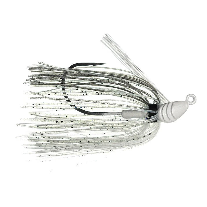Dirty Jigs Weekender Swim Jig with a silver and white skirt and black speckles, featuring a sharp fishing hook and weighted head designed for effective fishing tackle use.