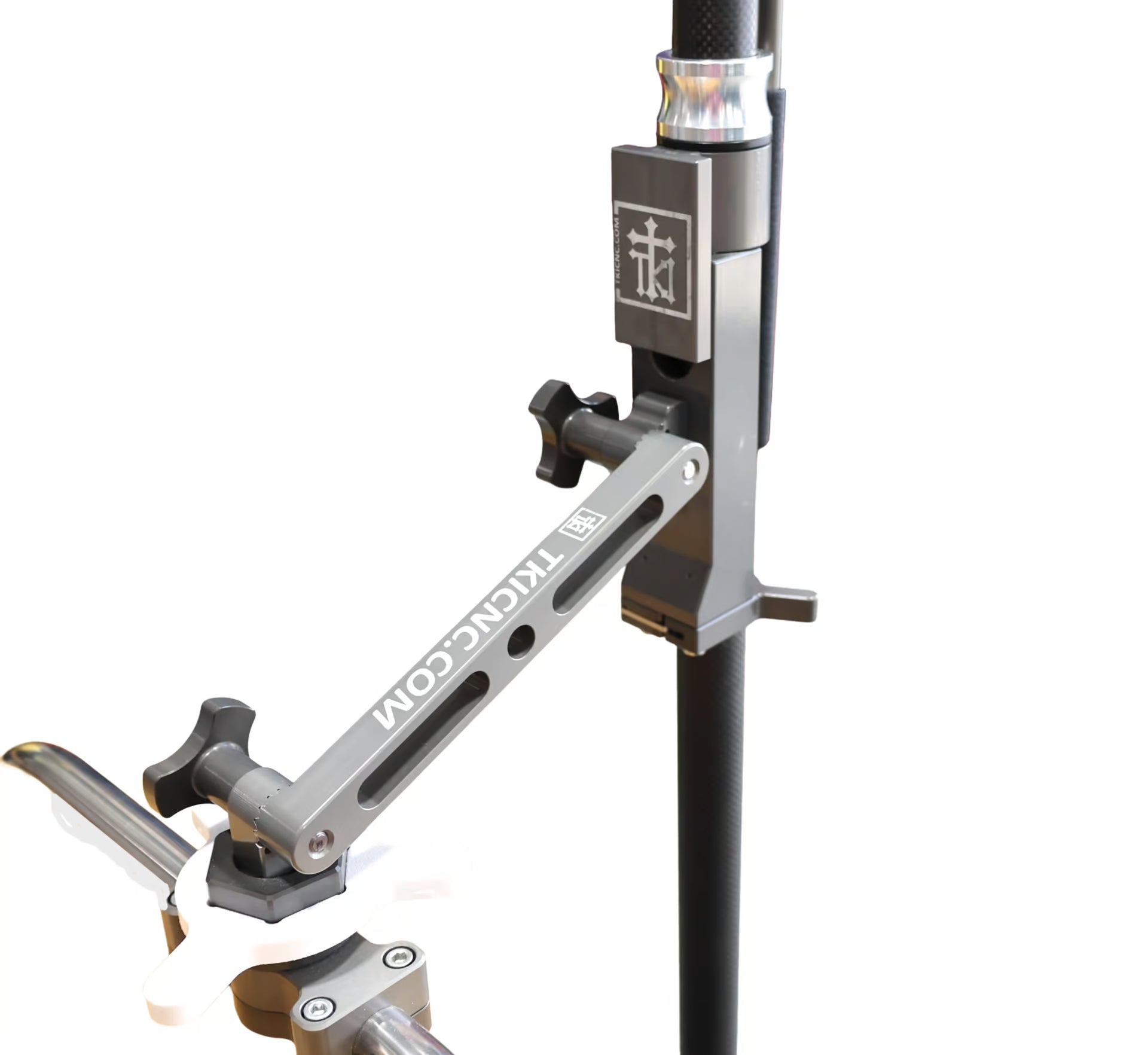 Close-up of a sleek black fishing rod holder with adjustable silver arm and locking knobs, featuring the TKI 72" CARBON FIBER LIVE TRANSDUCER KIT w/Round rail base 7/8" PN: 635-100907-141 designed for fishing tackle and marine electronics use.